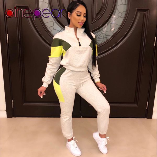 

pinepear patchwork long sleeve pullovers and pants 2 piece set sports wear for women gym suit fitness clothing 2020 dropshipping, White;black