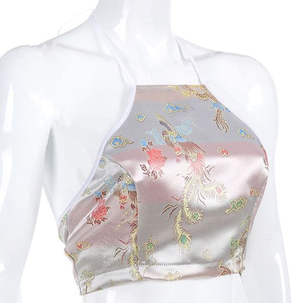 

Women Imitation Silk Sleeveless Halter Strap Crop Top Chinese Style Dragon Phoenix Embroidery Camisole Tie Backless Vintage Vest