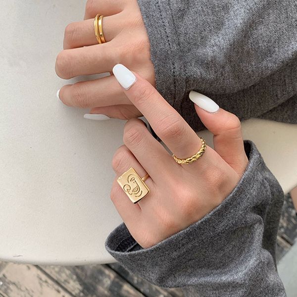 

huanzhi 2020 new trendy personality golden square card abstract line weave twist ring for women girls party jewelry gifts, Golden;silver