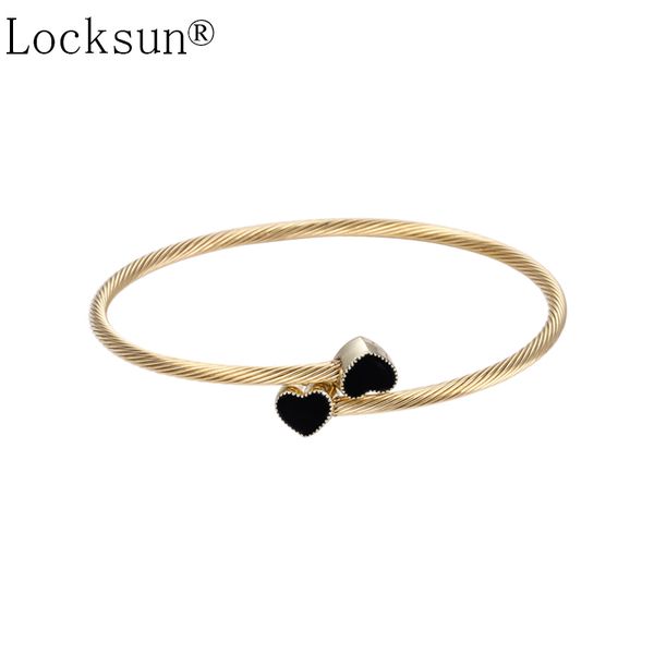 

locksun new 585 rose gold bangles stainless steel women fashion jewelry double heart black love painting open adjustable bangle