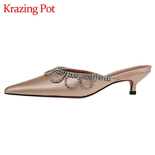 

krazing pot new pointed toe med heel slip on mules rhinestone decoration gorgeous beauty lady dating party shiny women pumps l05, Black