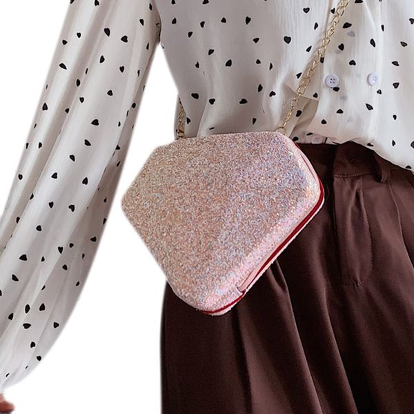 

new women fashion casual bag all-match sequins decoration pu shoulder bag diamond shape pink new