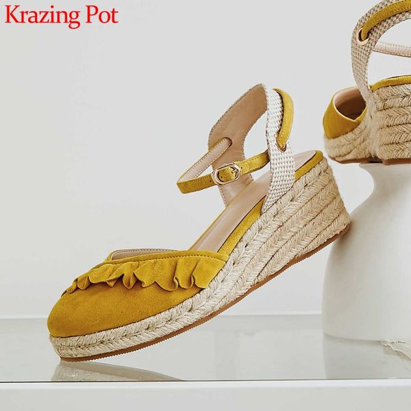 

sandals krazing pot leisure kid suede round toe high heels straw wedges ruffles sweet girls buckle strap shoes women l17, Black