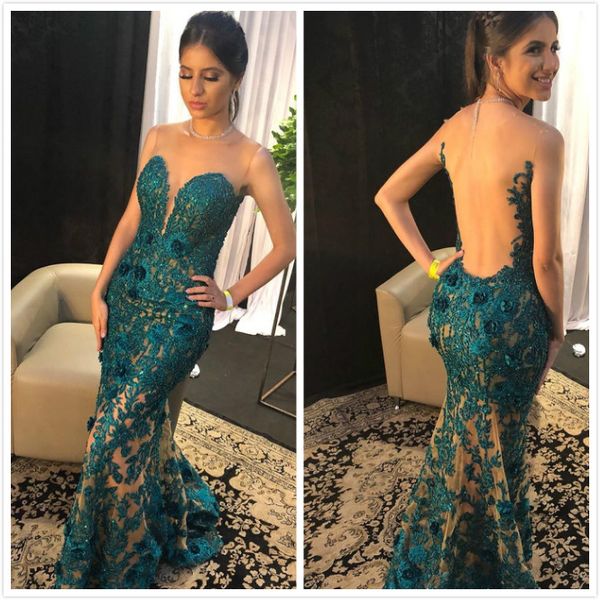 

2020 arabic aso ebi hunter green lace evening dresses beaded mermaid prom dresses sheer neck formal party second reception gowns zj554, Black;red