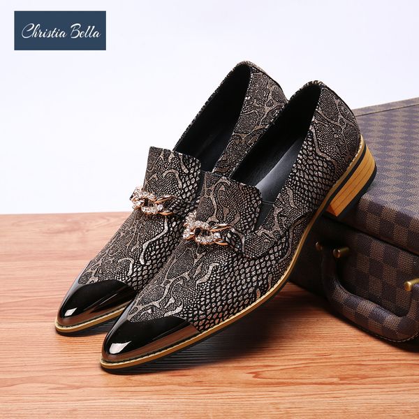 

christia bella new fashion crystal chain genuine leather men business shoes plus size slip on pointed toe formal dress shoes, Black