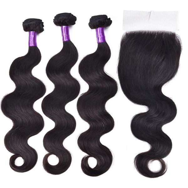 

бразильский девы волос с закрытием 1bundles бразильский объемная волна волос с 4x4 шнурок закрытие необработанные remy weave человеческих во, Black