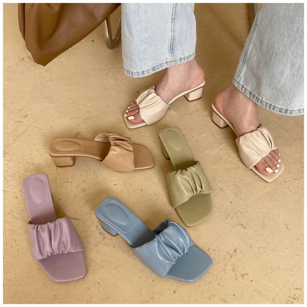 

2020 new fashion pleated women slippers square low heel shoes women outdoor summer sandals open toe slides ladies flip flop, Black