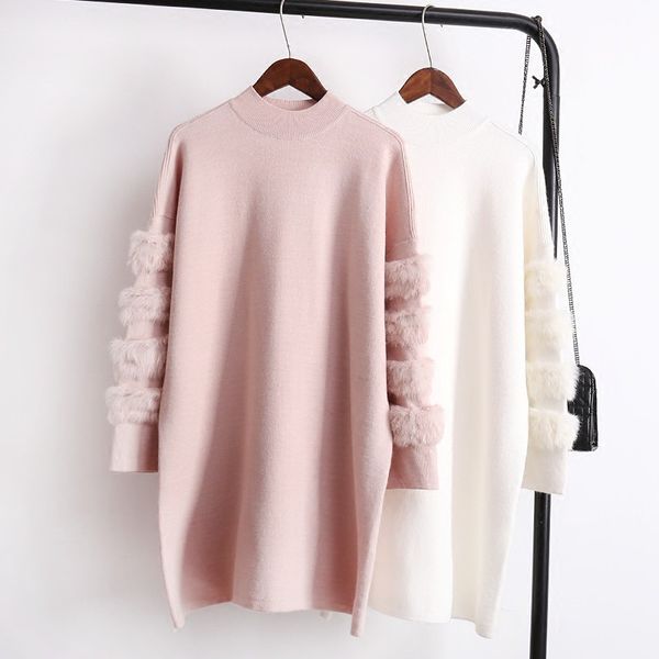 

fashion tide new fashion patchwork fur long sleeve dress type sweater women knit o-neck clothing autumn winter vestido yf577, White;black