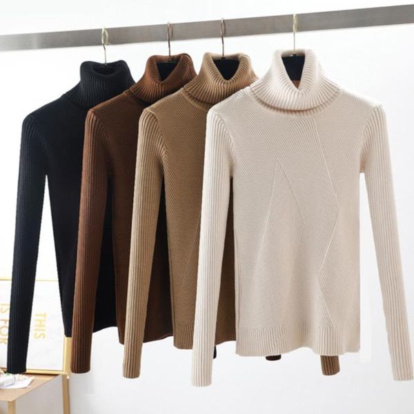 

2020 women autumn casual long sleeve turtle neck fit slim knit sweater pullover top, White;black