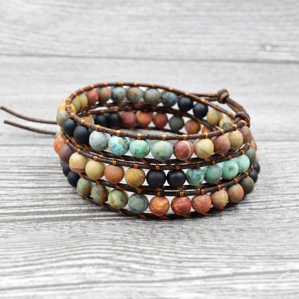 

bohemian hippie boho bracelets vintage leather and natural stone 3 layered strands handmade braid weave wrap bracelet for women y200730, Black