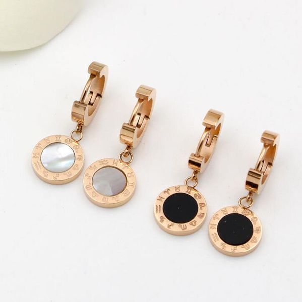 

fashion designer titanium steel roman digital stainless steel ladies earrings famous twelve constellation black white shell brand jewelry, Silver
