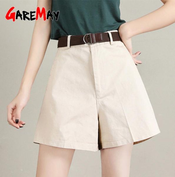 

garemay women's cotton shorts with belt vintage korean ladies white high waisted denim shorts for women caual loose short 2020, White;black