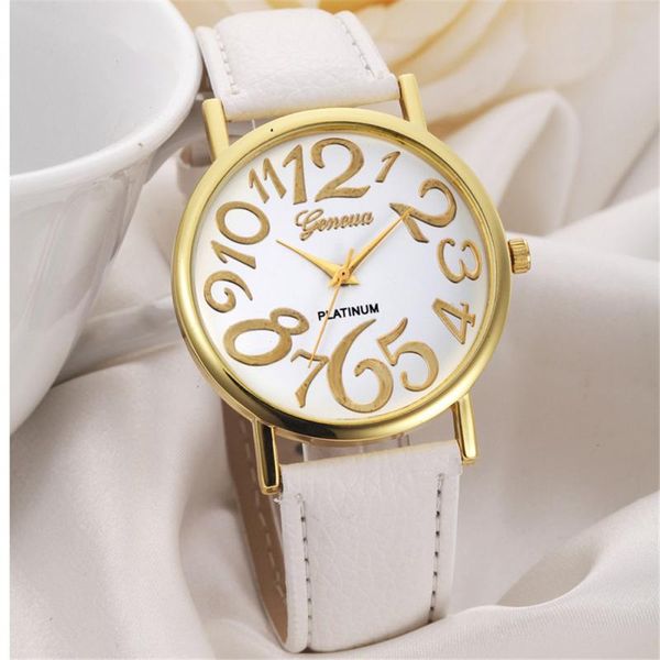 

big face dial women watch golden numbers quartz wristwatch girl fashion pu leather reloj big number figure pu leather strap, Slivery;brown