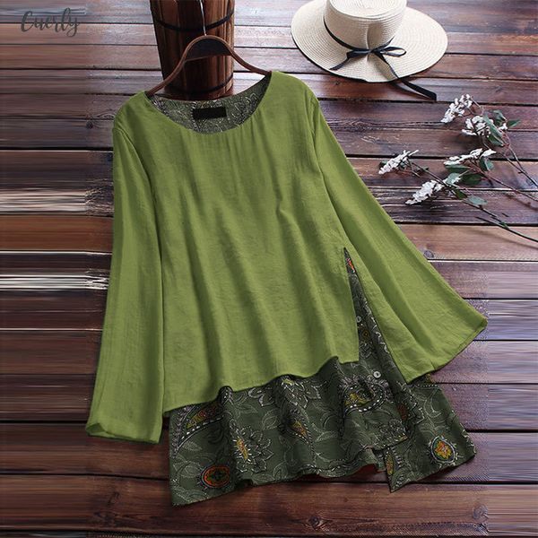 

plus size womens tunic vintage blouse patchwork long sleeve irregular floral print o neck shirt women 2020 loose ladies blouses, White