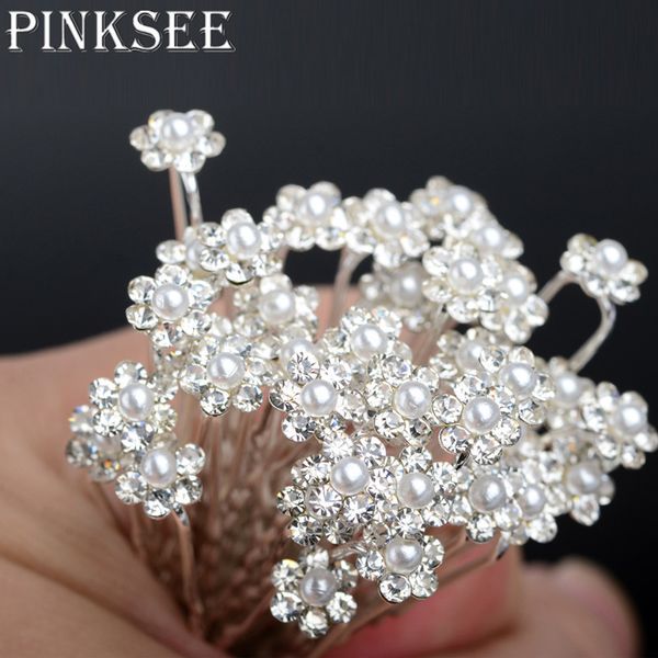 

pinksee 40pcs wedding hair pins accessories simulated pearl flower crystal hair clips for women hair ornaments jewelry, Golden;white