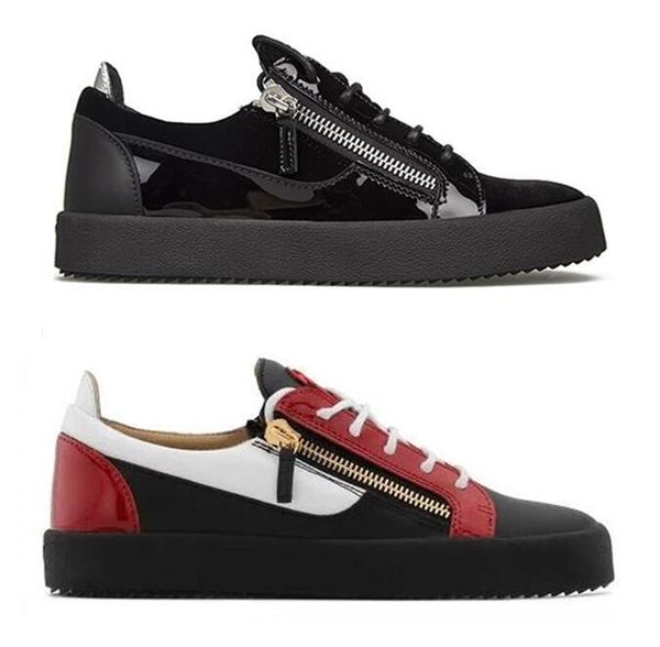 

italy fashion classic brand color matching genuine leather with double gold zipper men women sneakers,low thick soles casual flat shoes, Black