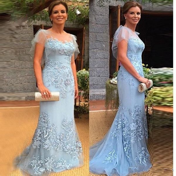 Günstige Sky Blue Plus Size Mutter der Braut Kleider Juwel Neck -Kappe Ärmel Meerjungfrau Spitzen Applikationen Partykleid formelle Abendkleider