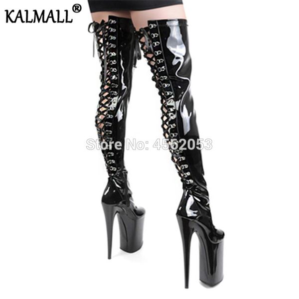 Kalmall preto branco branco couro patente sexy saltos fetiche saltos exóticos stripper stripper sapatos zip plataforma de plataforma coxa alta botas