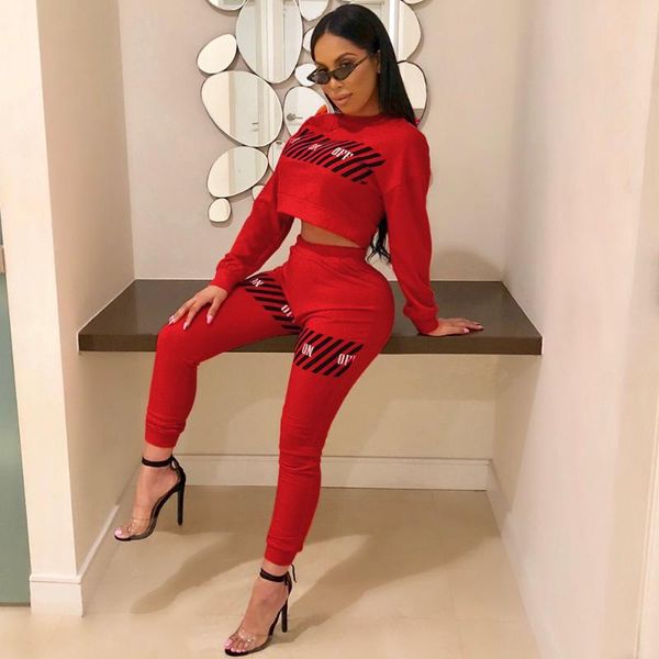 

повседневный твердая женщины комплект с длинным рукавом o шеи красный офсетная печать письмо crop top с брюки tracksuit тонкий костюм женски, Gray