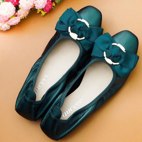 

35~43) new women flat loafers shoes slip-on bow metal decoration casual ballet flat genuine leather women ballerina shoes f-029, Black