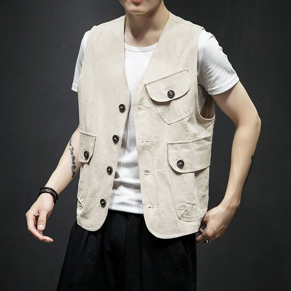 

men summer casual vest jacket male solid color sleeveless coat japan style fashion waistcoat, Black;white
