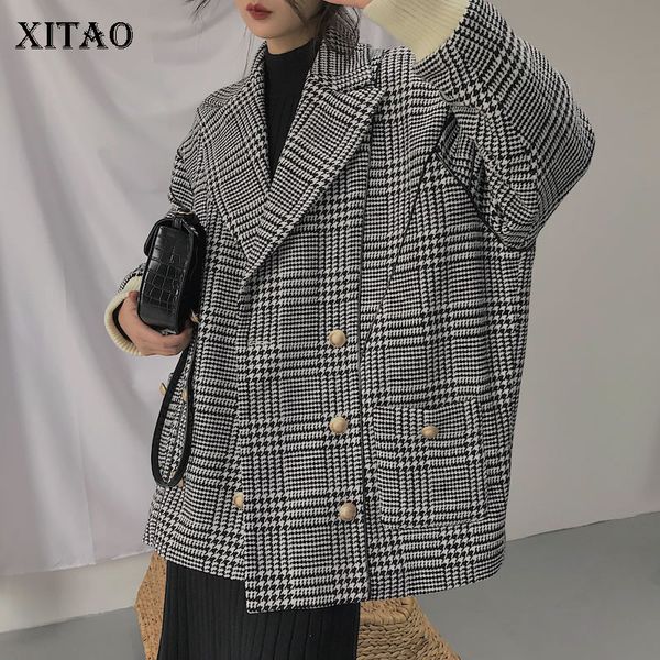 

xitao] new women fashion double breasted turn-down collar full sleeve loose coat female thick plaid casual blend coat dll1655, Black