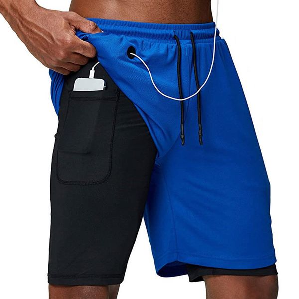 

running shorts men fitness gym training sports 2 in 1 quick dry workout sport jogging double deck summer, Black;blue