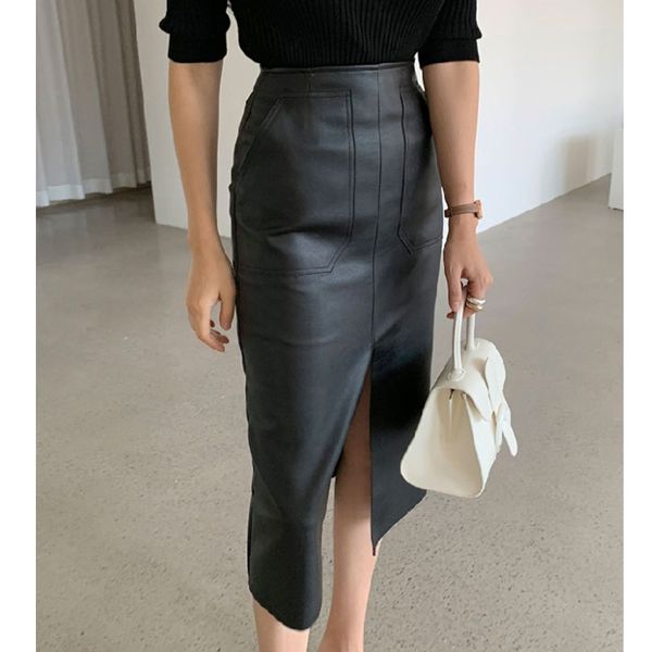 

women's pu leather skirt high waist slim split skirt, Black