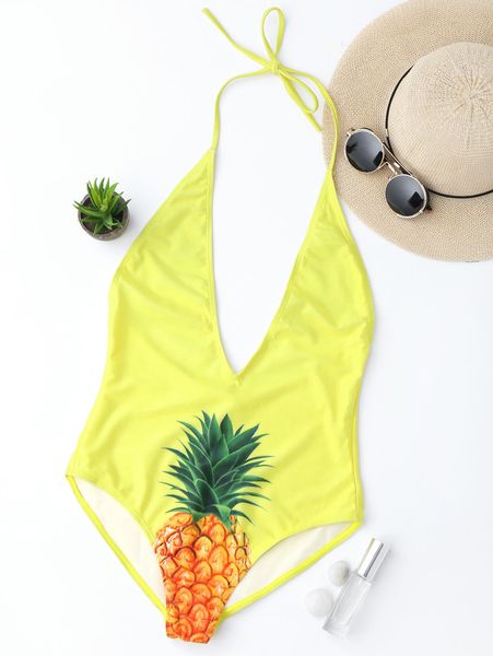 

2019 high cut bikinis swimwear for women yellow pineapple printed swim wear bathing suit one piece swimsuit lady beachwear s-xl