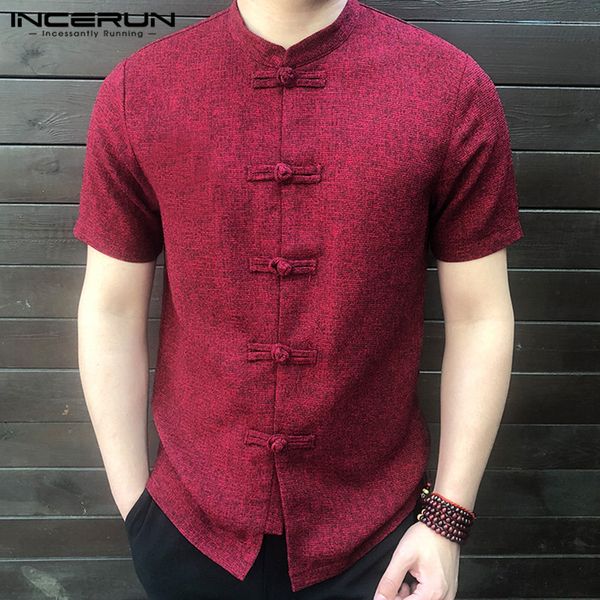 

incerun tunic short-sleeved shirt male youth slim tang suit chinese retro embroidery buckle collar collar 2019 summe hanfu male, White;black