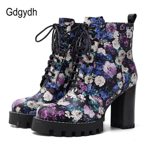 

gdgydh 2020 new spring womens boots high heel flower shoes for women short boots with zipper tpr sole good quality plus size 42, Black