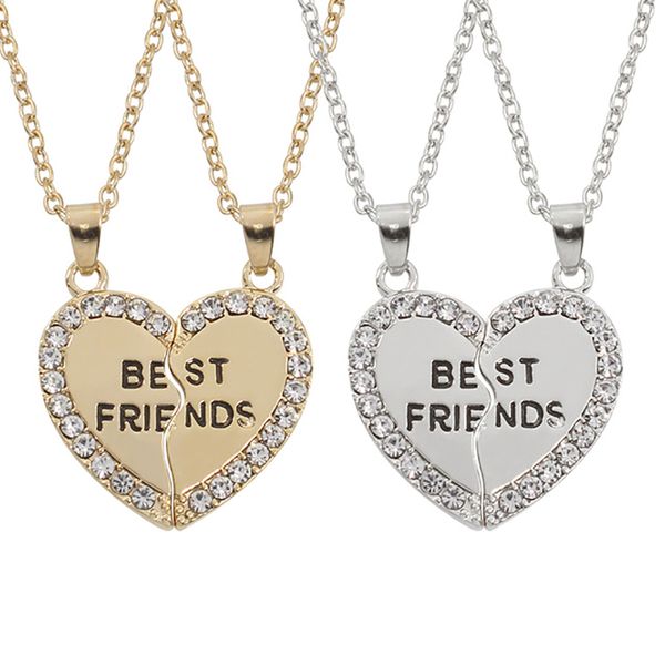 

2 pieces fashion broken heart necklace friend necklace gold silver rhinestone heart stitching friendship jewelry gift