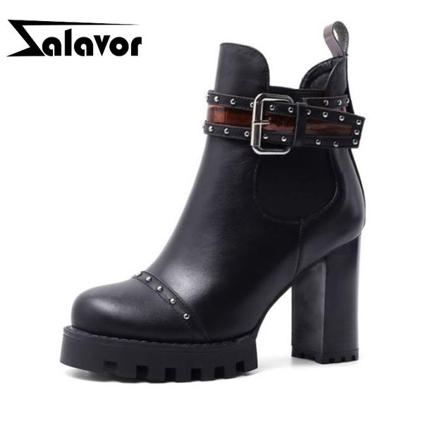 

zalavor women genuine leather ankle boots platform square heels buckle rivets black boots party fashion botas size 34-42