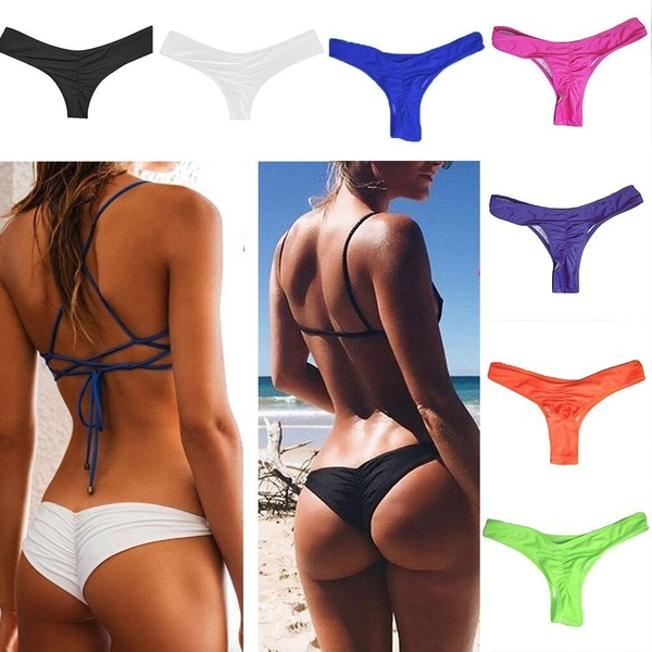 

women pleated bikini bottom solid color thong t-back bathing swimsuit swimwear, Black;pink