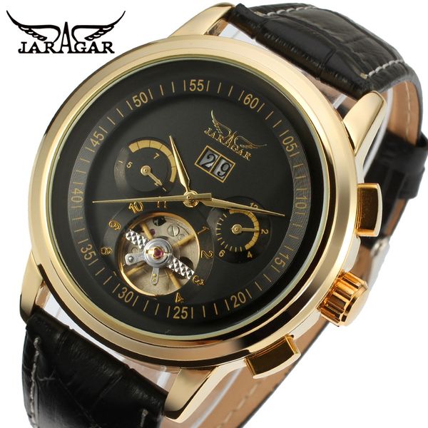 

jargar automatic gold color men wristwatch tourbillon black leather strap new jag16557m3g1 c19010401, Slivery;brown