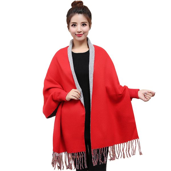 

brand designer women's poncho sweater cardigan long sleeve shawl coat winter faux cashmere scarf for women loose knit wrap stole