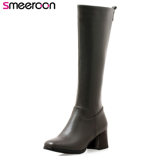 

smeeroon new arrival women boots round toe zip autumn winter boots knee high for women high heels wedding shoes, Black