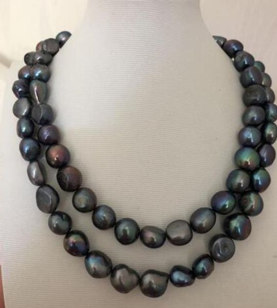 

double strands 11-12mm tahitian black baroque green pearl necklace 18 "19, Silver