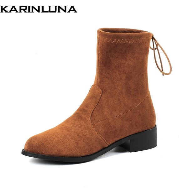 

karinluna new arrivals large size 44 brand women boots shoes leisure autumn winter add fur slip on elastic woman shoes boots, Black