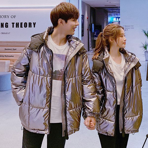 

2019 glossy jacket women winter fashion warm thick solid short style cotton padded parkas coat stand collar couple wear, Tan;black