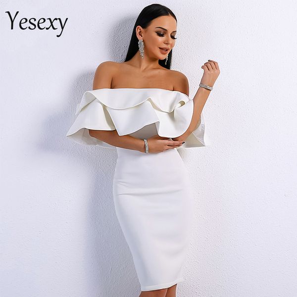 

yesexy 2020 sexy рассечение шеи оборками элегантный женский midi платья сплошного цвета осени женщины платье партии vestidos vr9076, Black;pink