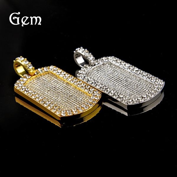 

mens jewelry vintage men's pendant filled iced out rhinestone gold color charm square dog tag necklace with cuban chain hip hop jewelry, Silver