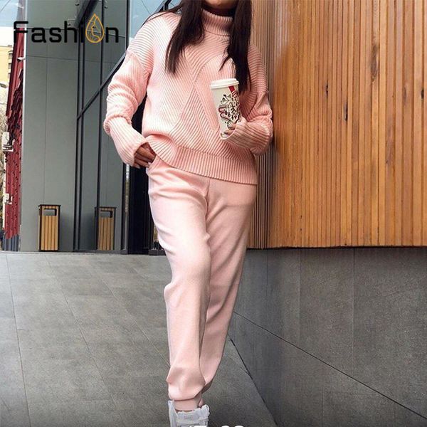 

winter autumn knitted tracksuit turtleneck sweatshirts casual suit women clothing 2 piece set pant sporting suit female, White