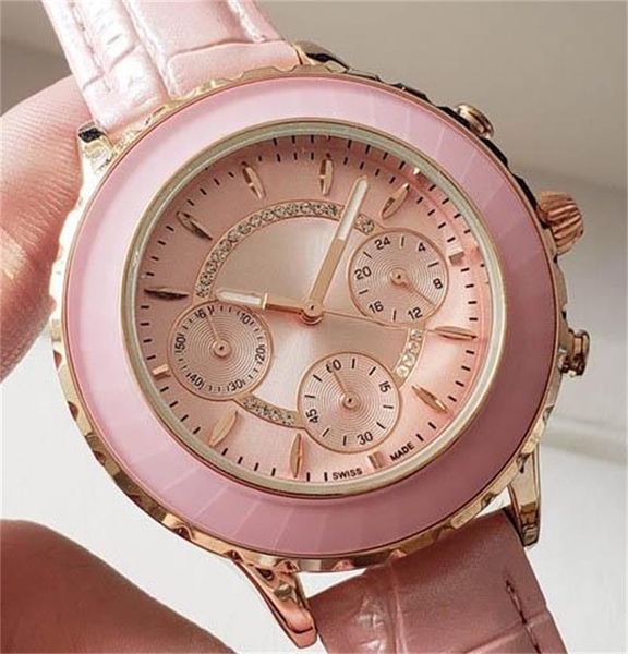 

luxury womens svvan watch women designer watches ceramic cover dial clock pink leather strap 39mm chronograph wristwatch girl friend gift, Slivery;brown