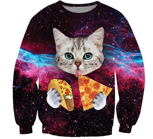 

galaxy space pizza cat sweatshirt 3d print casual hoodies women men long sleeve animal hoody pullovers, Black