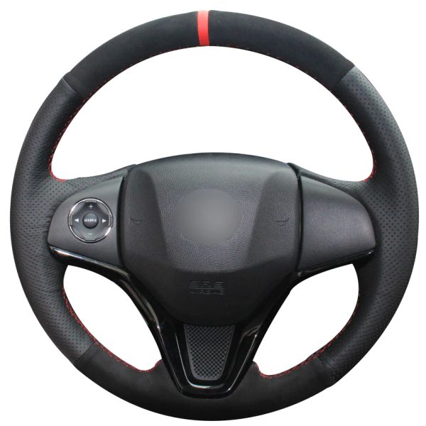 

black natural leather black suede car steering wheel cover for honda new fit city jazz 2014 2015 hrv hr-v 2016 vezel 2015-2017