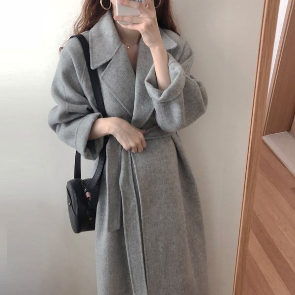

lanmrem 2020 korean winter women's lapel lace up waist long solid color warm thick temperament woolen coat pc284, Black