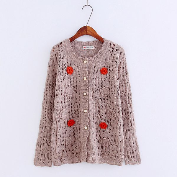 

2018 autumn winter knitted hand-made hook flowers hollowed out sweaters cardigan sweater mori girl, White
