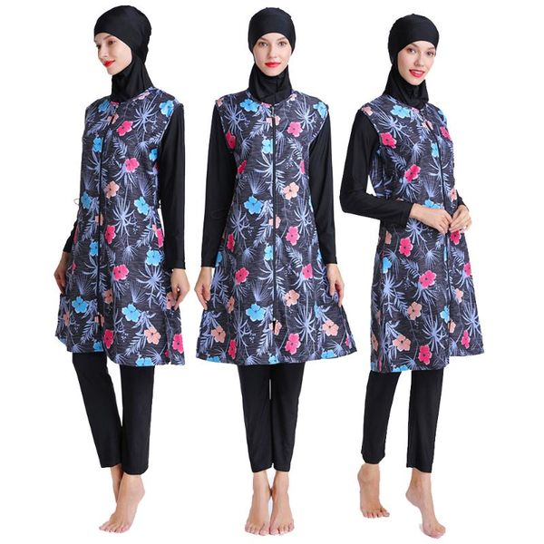 

peifu 2020 printed floral full cover muslim swimwear women islamic conservative swimsuit hijab beachwear bathing zipper