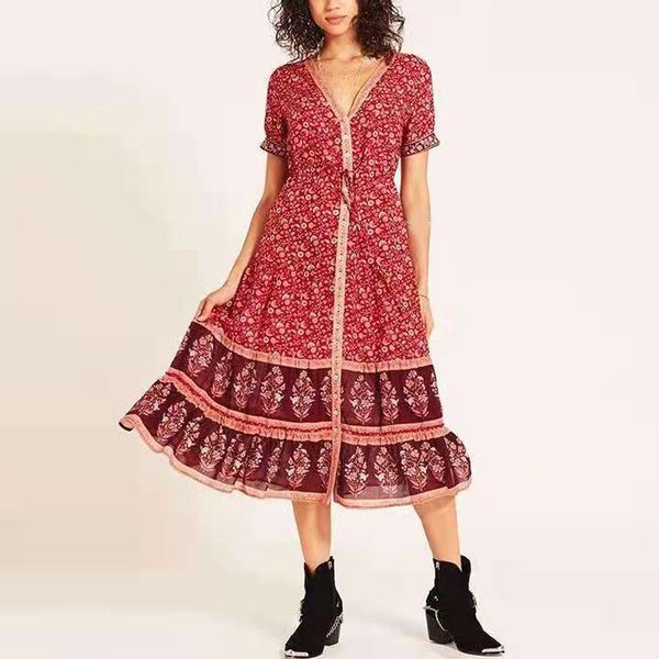 

women dress ladies beach summer v-neck fashion button front boho swing sundress midi loose fit plus size printed, Black;gray